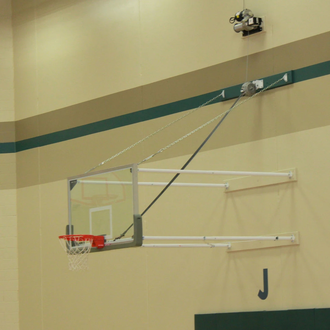 Wall And Mount Basketball Goal System Gared Corner Mount Fold-Up Wall Mount Package With Glass Board, 9' - 12' Length 3 Wall And Mount Basketball Goal System Gared Corner Mount Fold-Up Wall Mount Package With Glass Board, 9' - 12' Length
